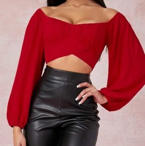 Off-The-Shoulder Peasant Sleeve Self-Tie Crop Top